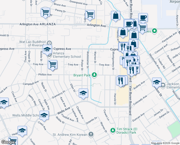 map of restaurants, bars, coffee shops, grocery stores, and more near 8135 Philbin Avenue in Riverside