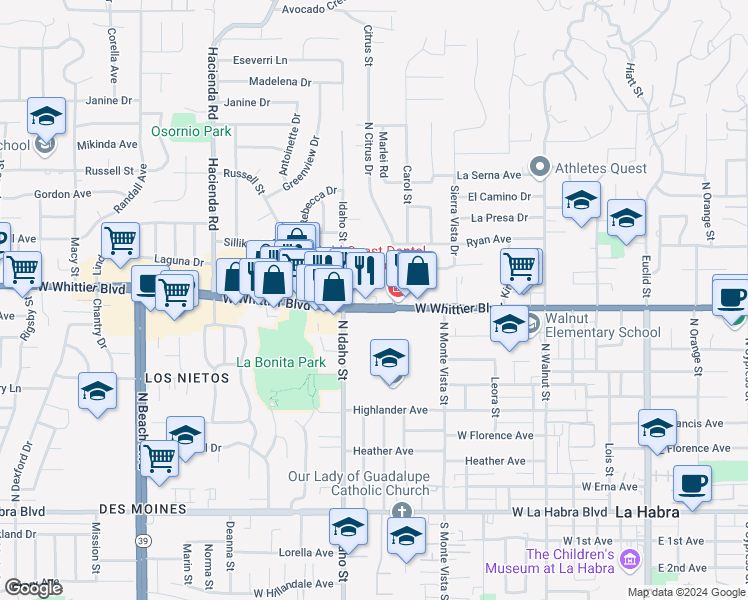 map of restaurants, bars, coffee shops, grocery stores, and more near 1051 West Whittier Boulevard in La Habra