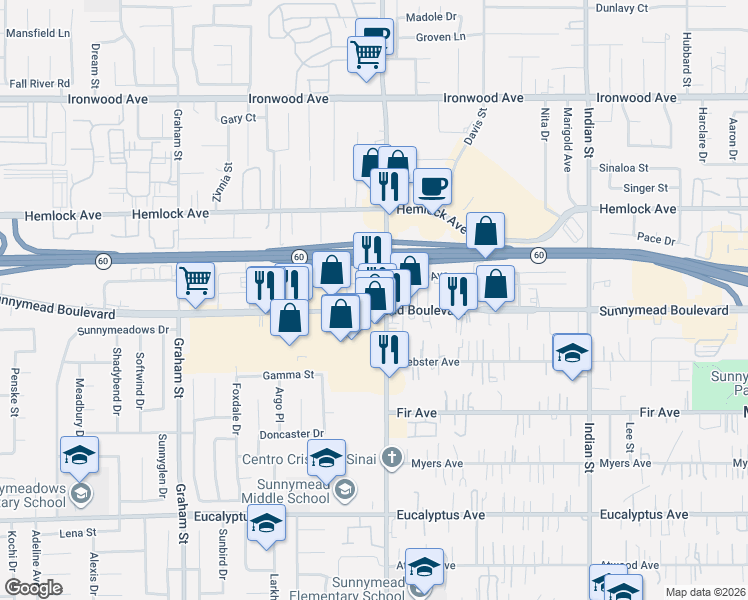 map of restaurants, bars, coffee shops, grocery stores, and more near 12477 Heacock Street in Moreno Valley