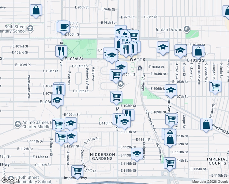map of restaurants, bars, coffee shops, grocery stores, and more near 1566 East 106th Street in Los Angeles