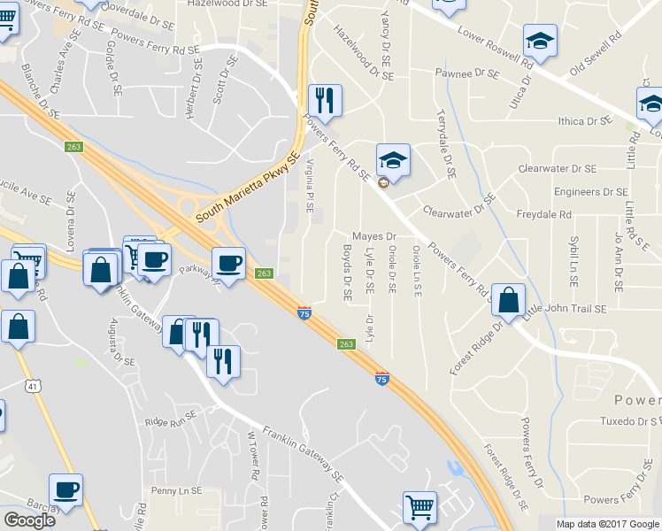 map of restaurants, bars, coffee shops, grocery stores, and more near 2071 Meadowbrook Lane in Marietta