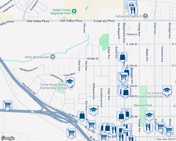 map of restaurants, bars, coffee shops, grocery stores, and more near 1172 Elm Avenue in Beaumont