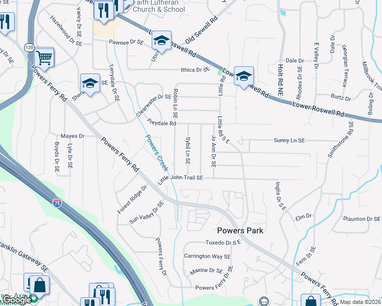 map of restaurants, bars, coffee shops, grocery stores, and more near 511 Sybil Lane Southeast in Marietta