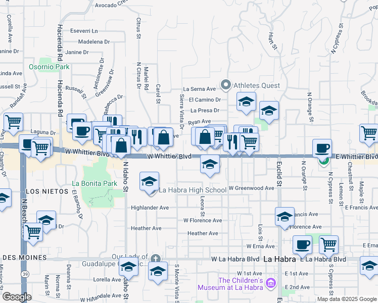 map of restaurants, bars, coffee shops, grocery stores, and more near 700 West Whittier Boulevard in La Habra
