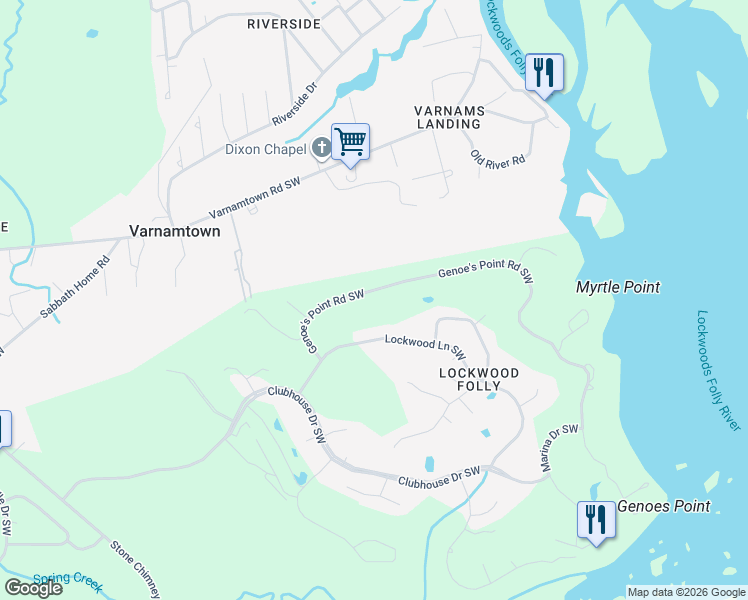 map of restaurants, bars, coffee shops, grocery stores, and more near 459 Genoe's Point Road Southwest in Brunswick County