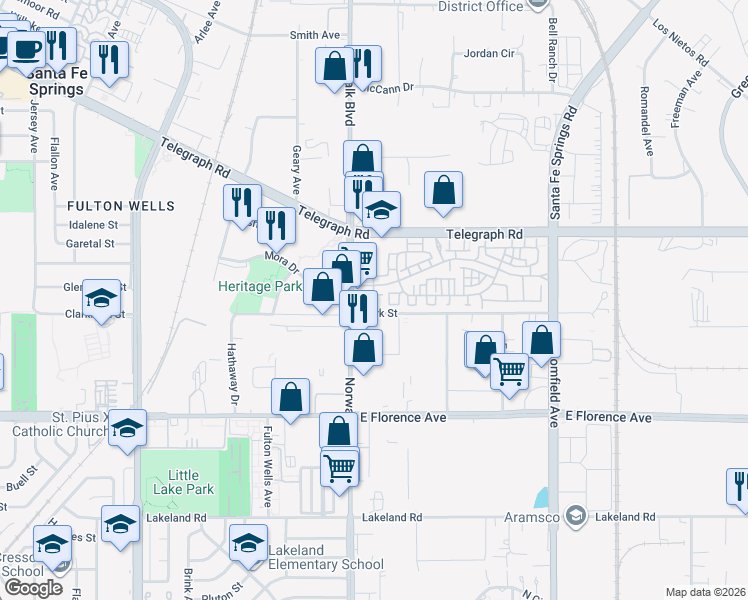map of restaurants, bars, coffee shops, grocery stores, and more near 12263 Lilac Court in Santa Fe Springs