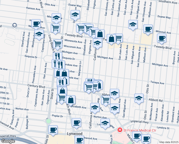 map of restaurants, bars, coffee shops, grocery stores, and more near 3450 Tenaya Avenue in South Gate