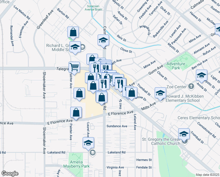 map of restaurants, bars, coffee shops, grocery stores, and more near 13438 Telegraph Road in Whittier