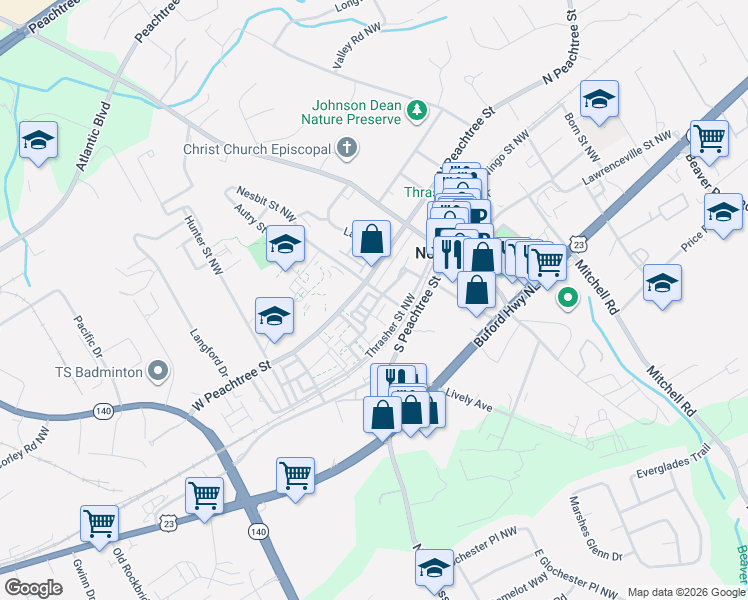 map of restaurants, bars, coffee shops, grocery stores, and more near 6075 Cushing Circle in Norcross