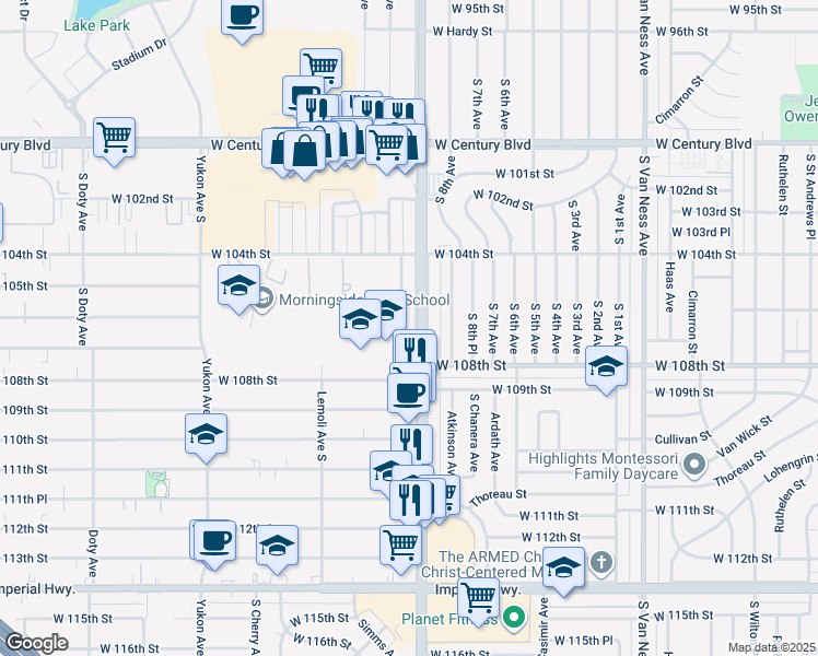 map of restaurants, bars, coffee shops, grocery stores, and more near 10613 Crenshaw Boulevard in Inglewood