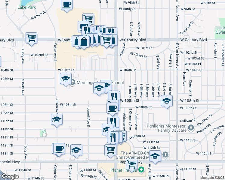 map of restaurants, bars, coffee shops, grocery stores, and more near 10613 Crenshaw Boulevard in Inglewood