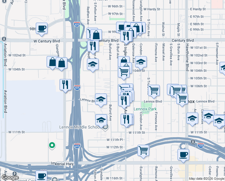 map of restaurants, bars, coffee shops, grocery stores, and more near 10820 Buford Avenue in Lennox