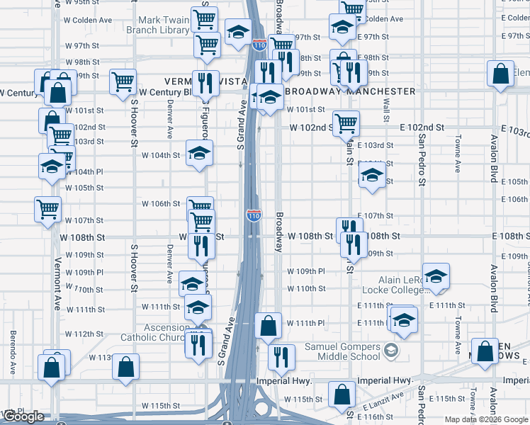 map of restaurants, bars, coffee shops, grocery stores, and more near 317 West 107th Street in Los Angeles