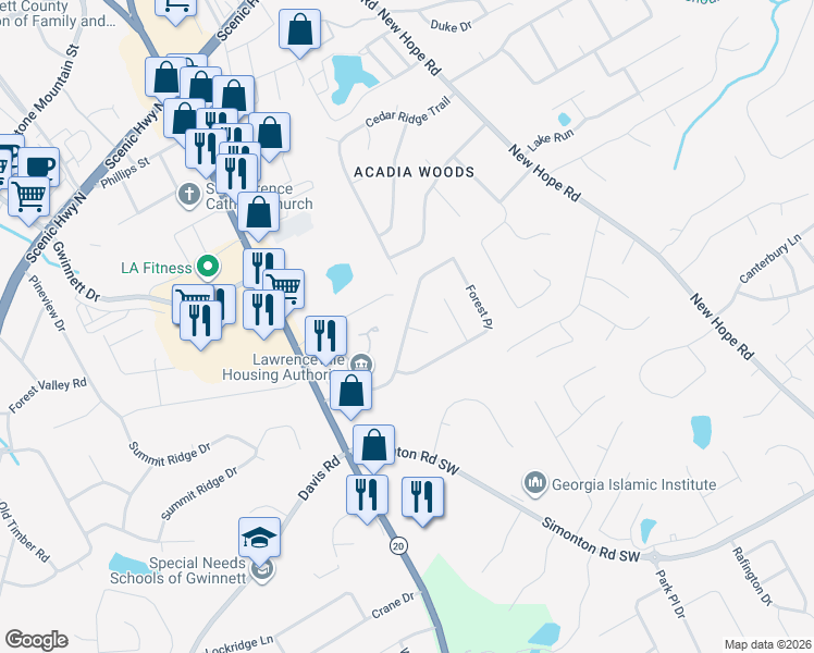 map of restaurants, bars, coffee shops, grocery stores, and more near Forest Place in Lawrenceville