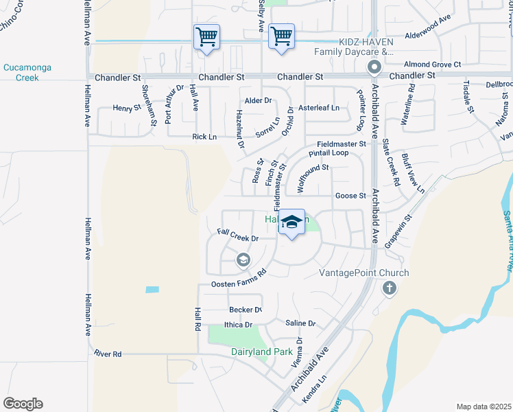 map of restaurants, bars, coffee shops, grocery stores, and more near 14496 Meadowbrook Lane in Eastvale