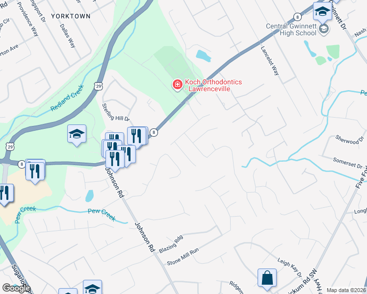 map of restaurants, bars, coffee shops, grocery stores, and more near 140 Harrington Lane in Lawrenceville