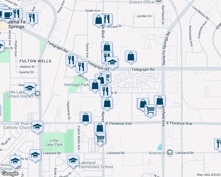 map of restaurants, bars, coffee shops, grocery stores, and more near 10547 Wisteria Circle in Santa Fe Springs