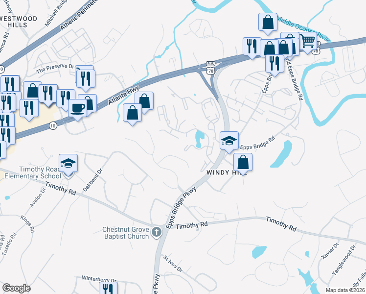 map of restaurants, bars, coffee shops, grocery stores, and more near 125 Wood Lake Drive in Athens