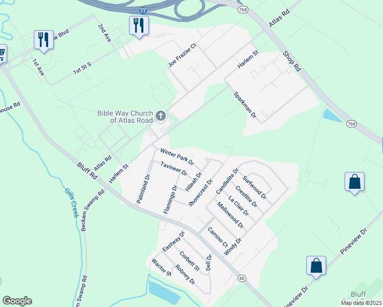 map of restaurants, bars, coffee shops, grocery stores, and more near 2500 Marathon Drive in Columbia
