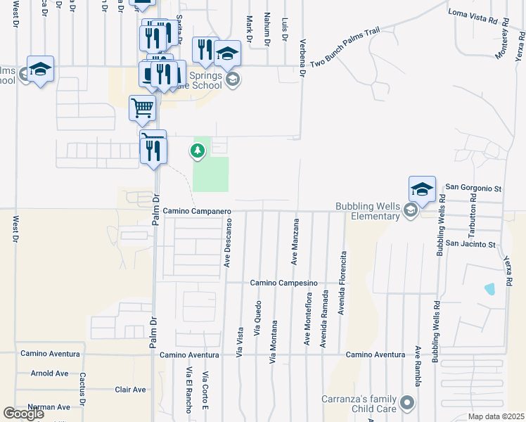 map of restaurants, bars, coffee shops, grocery stores, and more near Camino Campanero & Vía Quedo in Riverside County