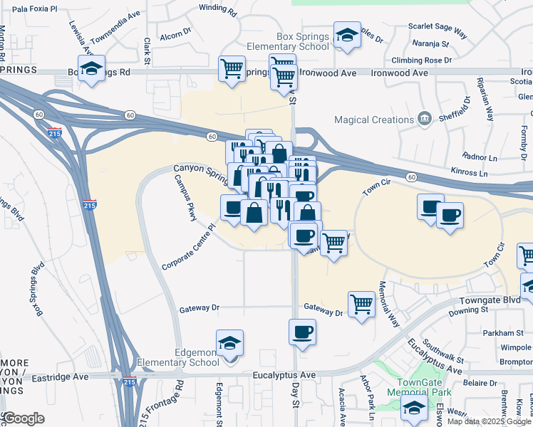 map of restaurants, bars, coffee shops, grocery stores, and more near 2851 Canyon Springs Parkway in Riverside