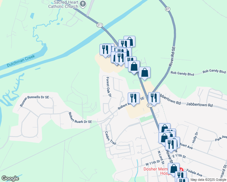 map of restaurants, bars, coffee shops, grocery stores, and more near 2121 Maple Leaf Drive in Southport