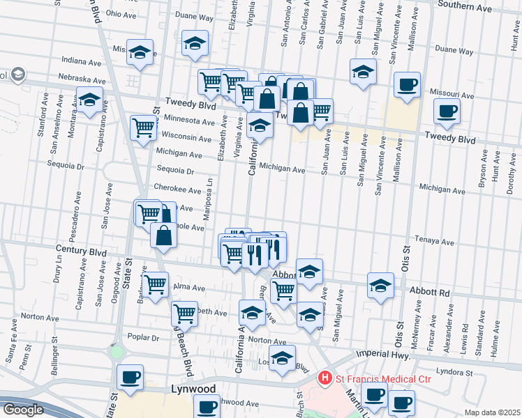 map of restaurants, bars, coffee shops, grocery stores, and more near 10345 San Antonio Avenue in South Gate