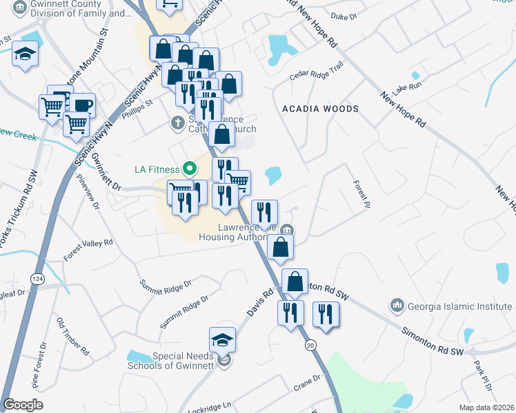 map of restaurants, bars, coffee shops, grocery stores, and more near 265 Kubol Drive in Lawrenceville