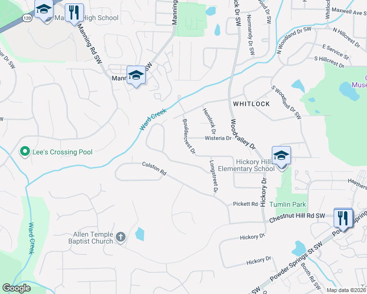 map of restaurants, bars, coffee shops, grocery stores, and more near 714 Hampton Place Southwest in Marietta