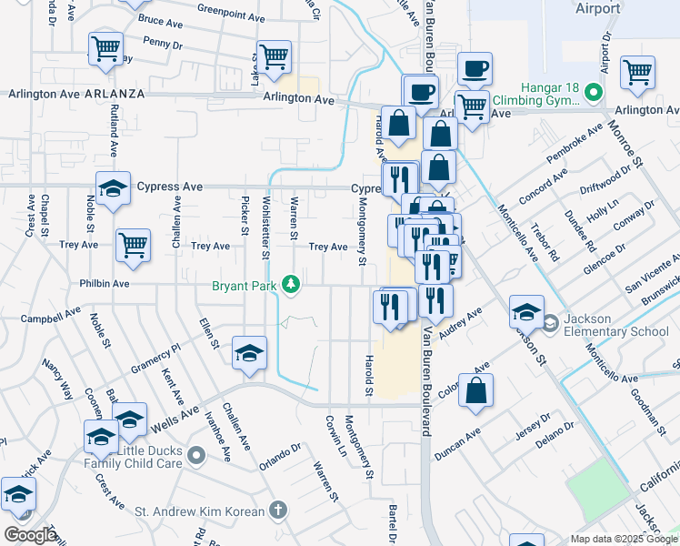 map of restaurants, bars, coffee shops, grocery stores, and more near 7721 Philbin Avenue in Riverside