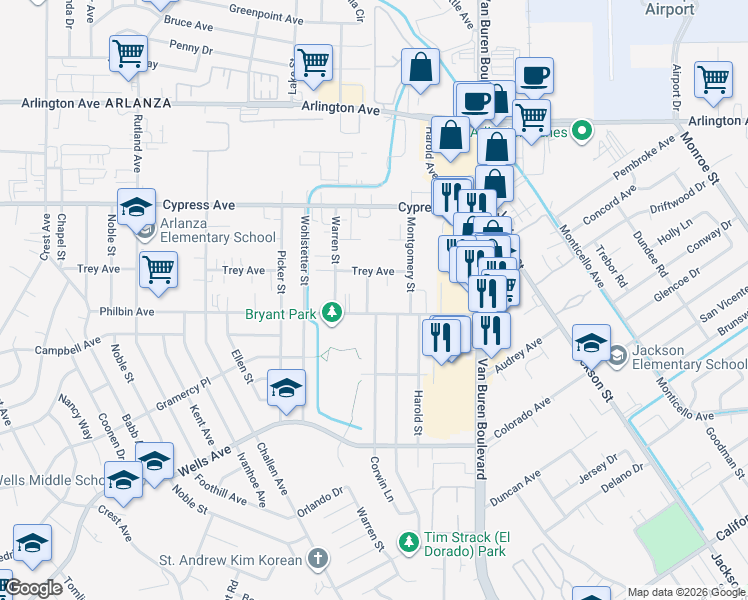map of restaurants, bars, coffee shops, grocery stores, and more near 7830 Philbin Avenue in Riverside