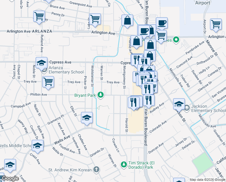 map of restaurants, bars, coffee shops, grocery stores, and more near 7830 Philbin Avenue in Riverside