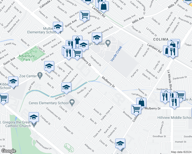 map of restaurants, bars, coffee shops, grocery stores, and more near 14410 Mulberry Drive in Whittier