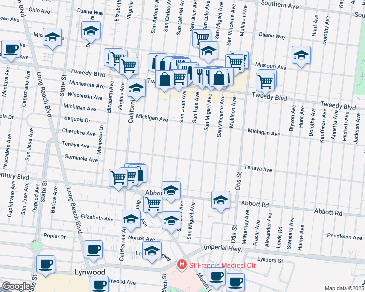 map of restaurants, bars, coffee shops, grocery stores, and more near 10336 San Juan Avenue in South Gate