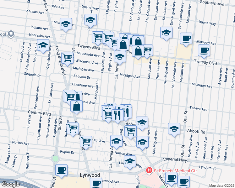 map of restaurants, bars, coffee shops, grocery stores, and more near 3518 Tenaya Avenue in South Gate