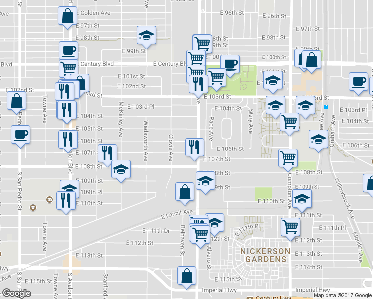 map of restaurants, bars, coffee shops, grocery stores, and more near 1139 East 107th Street in Los Angeles
