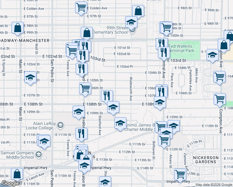 map of restaurants, bars, coffee shops, grocery stores, and more near 822 East 107th Street in Los Angeles