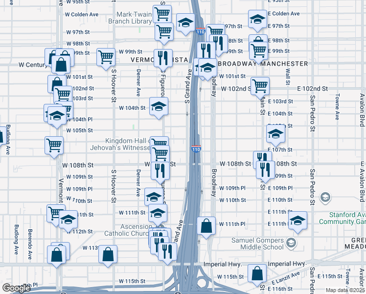 map of restaurants, bars, coffee shops, grocery stores, and more near 408 West 107th Street in Los Angeles