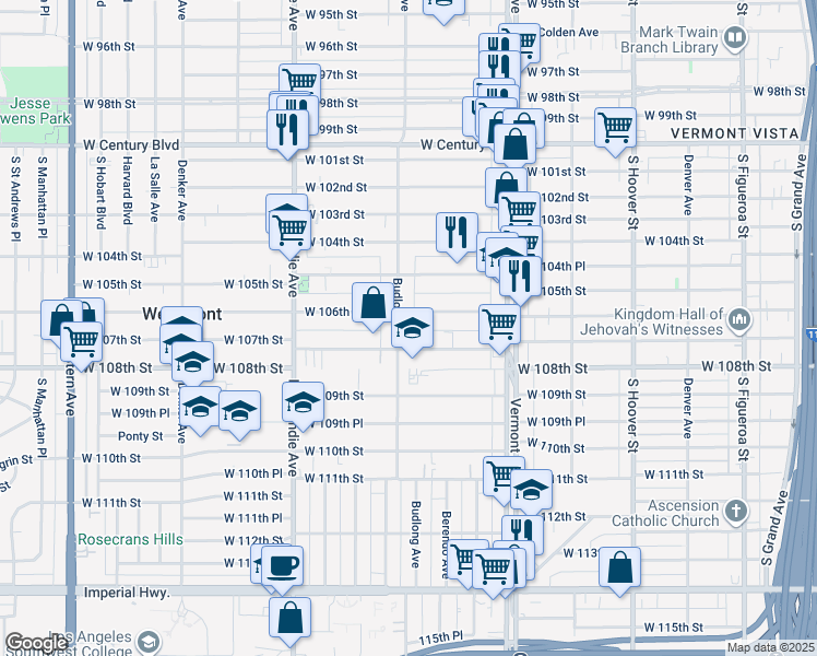 map of restaurants, bars, coffee shops, grocery stores, and more near 10636 Budlong Avenue in Los Angeles