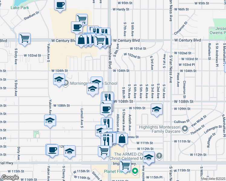 map of restaurants, bars, coffee shops, grocery stores, and more near 10634 Crenshaw Boulevard in Inglewood