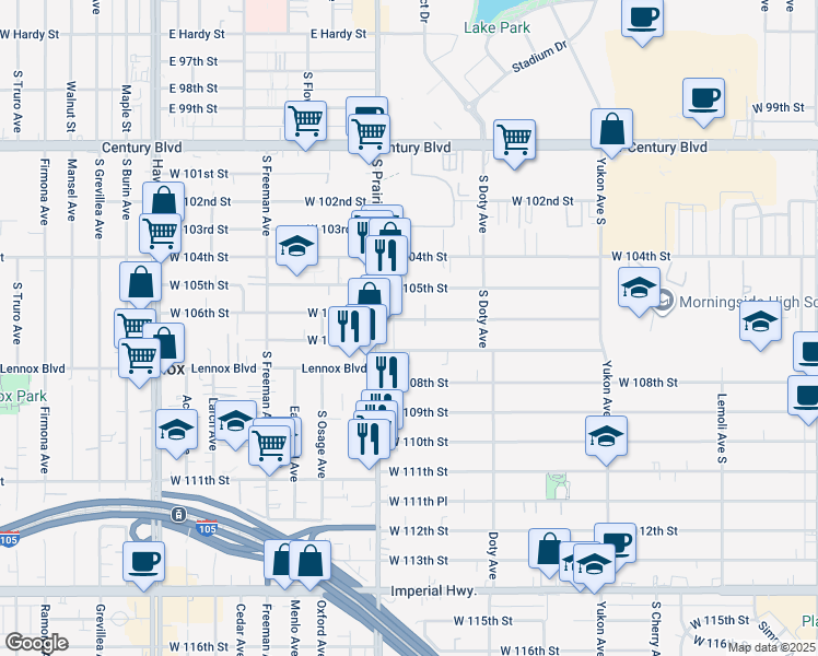 map of restaurants, bars, coffee shops, grocery stores, and more near 3921 West 107th Street in Inglewood