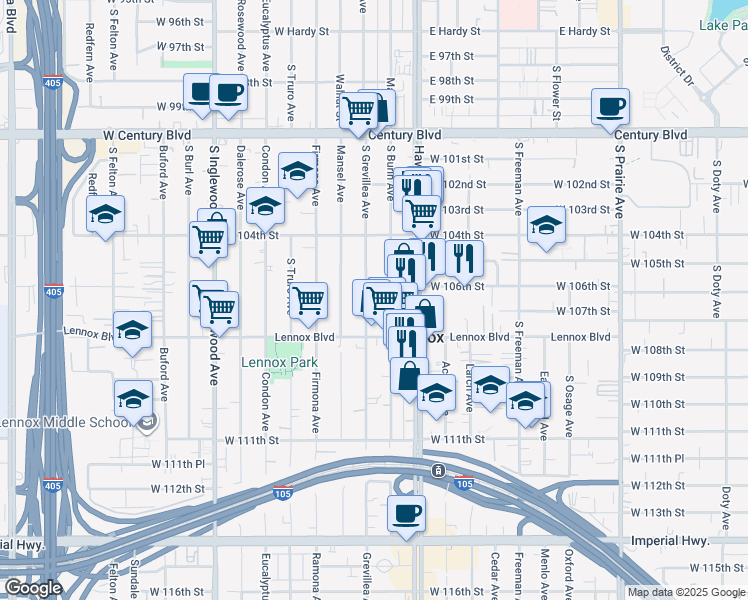 map of restaurants, bars, coffee shops, grocery stores, and more near 10716 South Grevillea Avenue in Inglewood