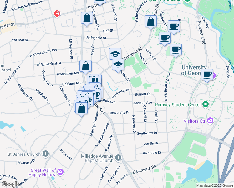 map of restaurants, bars, coffee shops, grocery stores, and more near 211 Morton Avenue in Athens