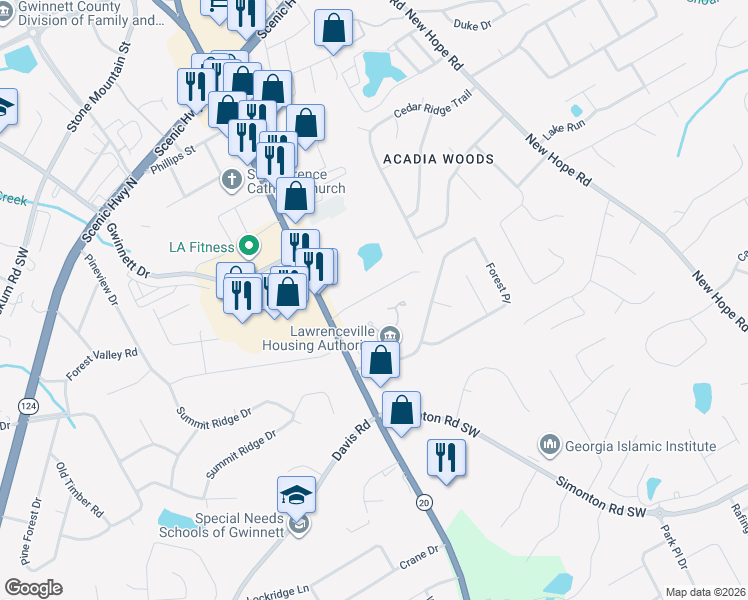 map of restaurants, bars, coffee shops, grocery stores, and more near 210 Kubol Drive in Lawrenceville