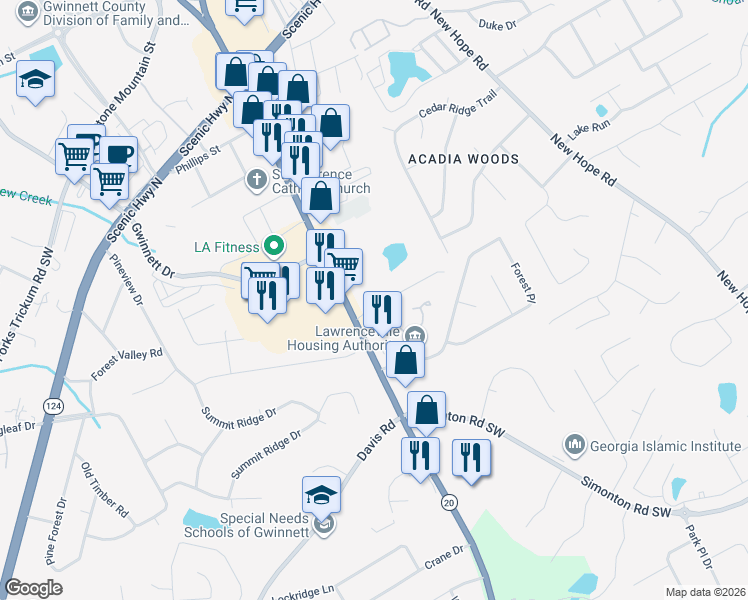 map of restaurants, bars, coffee shops, grocery stores, and more near 265 Kubol Drive in Lawrenceville