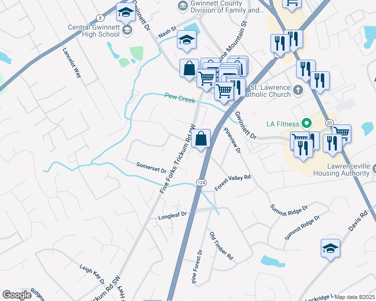 map of restaurants, bars, coffee shops, grocery stores, and more near 493 Stone Mountain Street in Lawrenceville