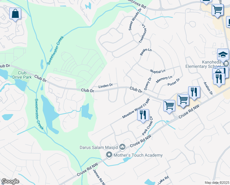 map of restaurants, bars, coffee shops, grocery stores, and more near 1050 Hampton Hill Court in Lawrenceville