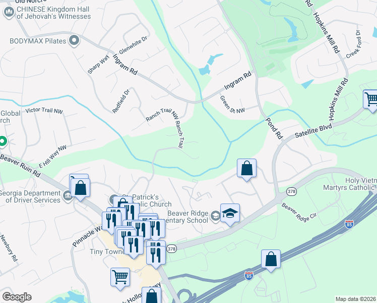 map of restaurants, bars, coffee shops, grocery stores, and more near 4943 Appaloosa Trail in Norcross
