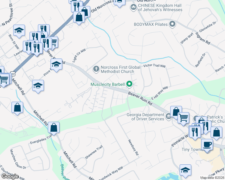 map of restaurants, bars, coffee shops, grocery stores, and more near 2405 Beaver Ruin Road in Norcross