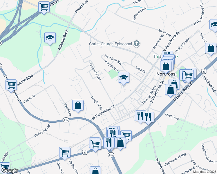 map of restaurants, bars, coffee shops, grocery stores, and more near 6020 Hunter Hall Court in Norcross